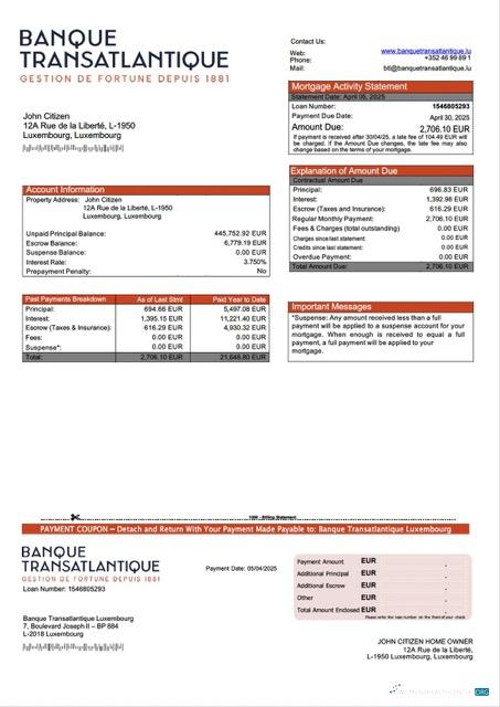 Luxembourg Banque Transatlantique Luxembourg mortgage statement Word and PDF template